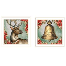 Trendy Decor 4U 2-Piece Vignette Old World Reindeer & Bell White Framed Wall Art for Living Room, Holiday Wall Art Print for Home Decor