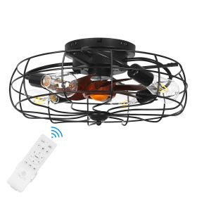 19 in. 4-Lights Indoor Black Wood Grain Industrial Metal Cage Enclosed Ceiling Fan and Light Kit, Remote