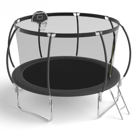 12 FT TRAMPOLINE BLACK PUMPKIN-STYLE SAFETY NET WITH BASKETBALL HOOP