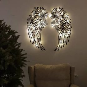 Carved Metal Wall Decor Art With Light Angel Wings Decoration (Color: Black with light, size: 35cm)