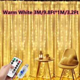 1pc; Window String Lights; Christmas Decoration 100/200/300 LED Remote Control USB Wedding Garland Curtain Lamp 3M/9.8Ft Fairy Lights (Color: Warm White, size: 9.84ftx3.28ft -100LED)