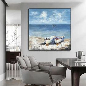 Hand Painted Oil Paintings Abstract Seascape Painting Boats On The Beach Living Room Hallway Luxurious Decorative Painting (Style: 01, size: 120x120cm)