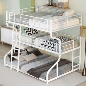 Full XL over Twin XL over Queen Size Triple Bunk Bed with Long and Short Ladder (Color: White)