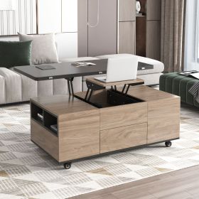 Modern Lift Top Coffee Table Multifunctional Table with Drawers & Shelves (Color: Walnut+black, Material: MDF)