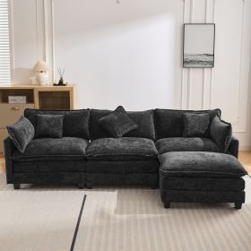 112.2" L-Shape Chenille Upholstered Sofa for Living Room Modern Luxury Sofa Couch with Ottoman and 5 Pillows for Living Room (Color: black, Material: Foam)