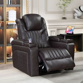 PU Leather Power Recliner Home Theater Recliner with Power Adjustable Headrest, Wireless Charging Device, USB Port, Storage Arms (Color: Brown, Material: PU Leather)