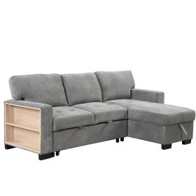 Stylish and Functional Light Chaise Lounge Sectional with Storage Rack Pull-out Bed Drop Down Table and USB Charger (Color: Gray, Material: Foam+Spring)