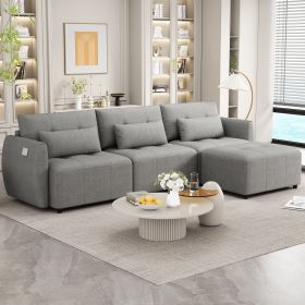 113.3" Convertible Sectional Sofa Couch 3-Seat L-Shaped Sofa with Movable Ottoman and USB for Apartment, Living Room, Bedroom (Color: grey, Material: Chenille)