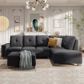 Reversible Sectional Sofa Space Saving with Storage Ottoman Rivet Ornament L-shape Couch for Large Space Dorm Apartment (Color: Gray, Material: Linen)