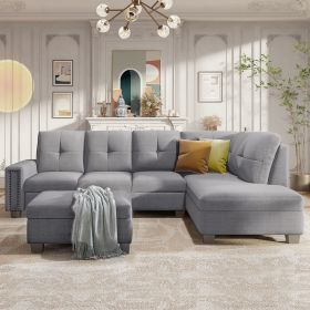 Reversible Sectional Sofa Space Saving with Storage Ottoman Rivet Ornament L-shape Couch for Large Space Dorm Apartment (Color: LIGHT GREY, Material: Linen)